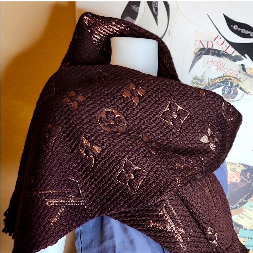 NEW LOUIS VUITTON LV LOGOMANIA WOOL SCARF M71383 BROWN SHINE